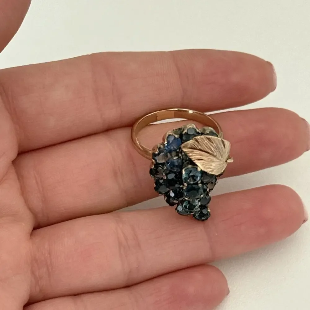 Vintage 14K Yellow Gold Grape Cluster Leaf Blue Stone Statement Ring Size 7